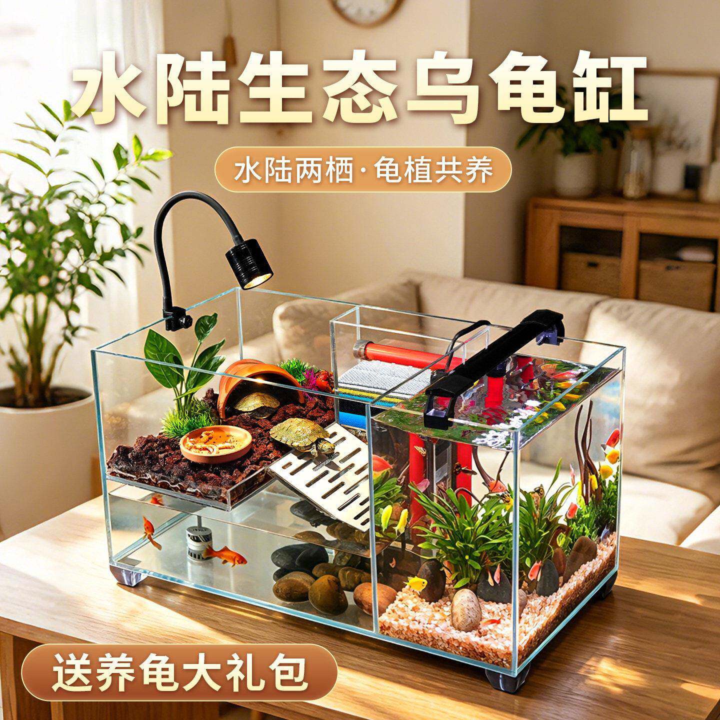 乌龟饲养混养生态龟缸金鱼家庭两用鱼缸客厅造景小型缸水陆两栖缸