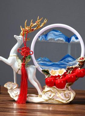 新中式招财鹿流沙画摆件客厅玄关电视柜家居装饰品办公室桌面摆件