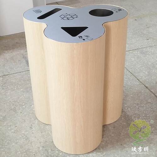 2025安全三分类创意连体不锈钢垃圾桶直投口商场用木纹外观