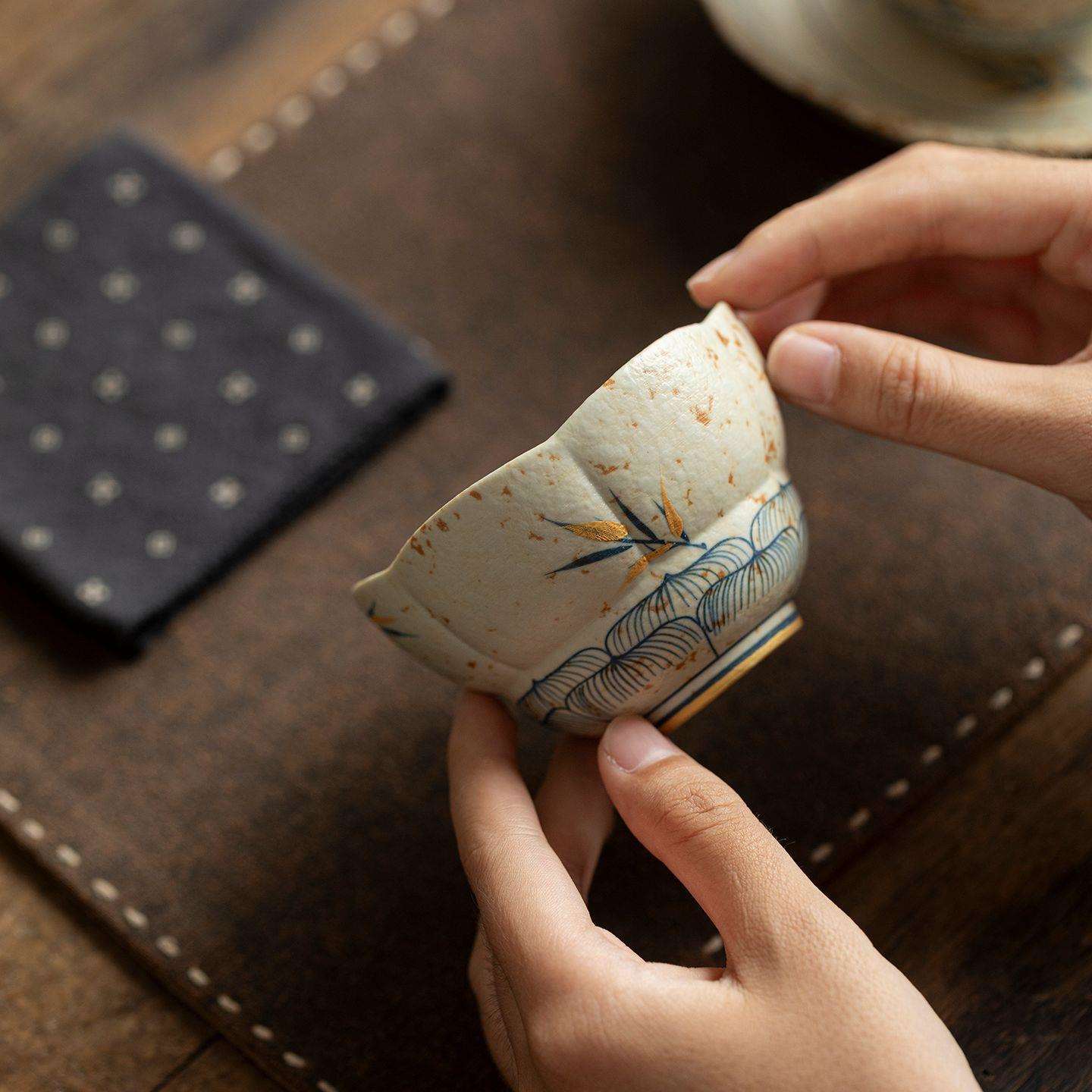 焦糖釉青花火石红手绘竹影茶杯主人杯家用陶瓷杯个人专用茶杯单杯