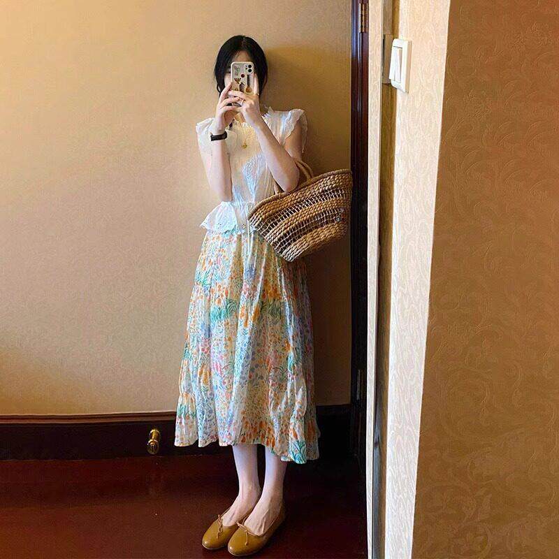 法式桔梗碎花雪纺半身裙女2026年夏季新款中长款高腰显瘦A字伞裙