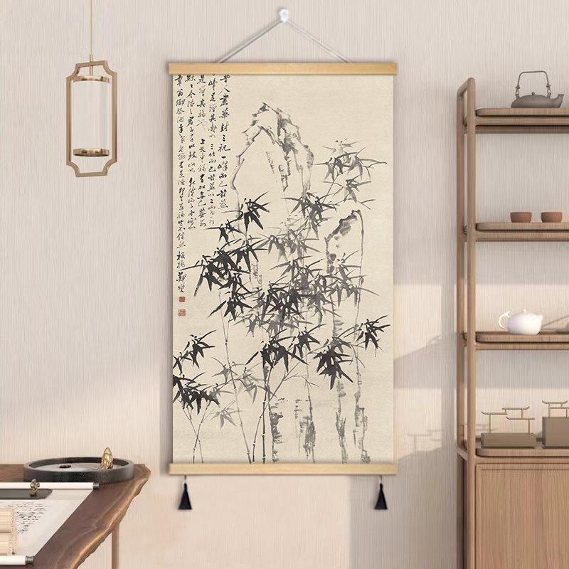 竹子国画名家画作挂画布艺新中式客厅装饰画过道玄关挂布画