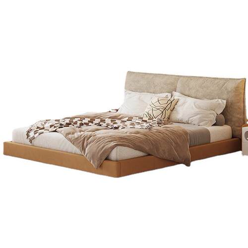 布艺床复古北欧灯芯绒软包床ins悬浮主卧大实木床床架钢木排骨架