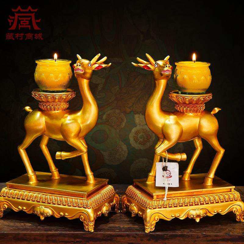 藏式双鹿金轮摆件铜鎏金雕花彩绘轮王七珍马宝摩尼宝家用装饰摆设
