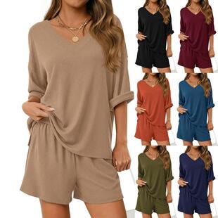 Women'S 2-Piece Sets Ribbed Rayon Summer Oversized Vneck