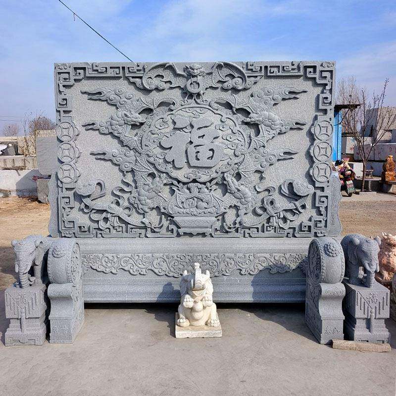 石雕影壁墙户外庭院屏风背景墙石材浮雕壁画大门口屏风石头迎门墙