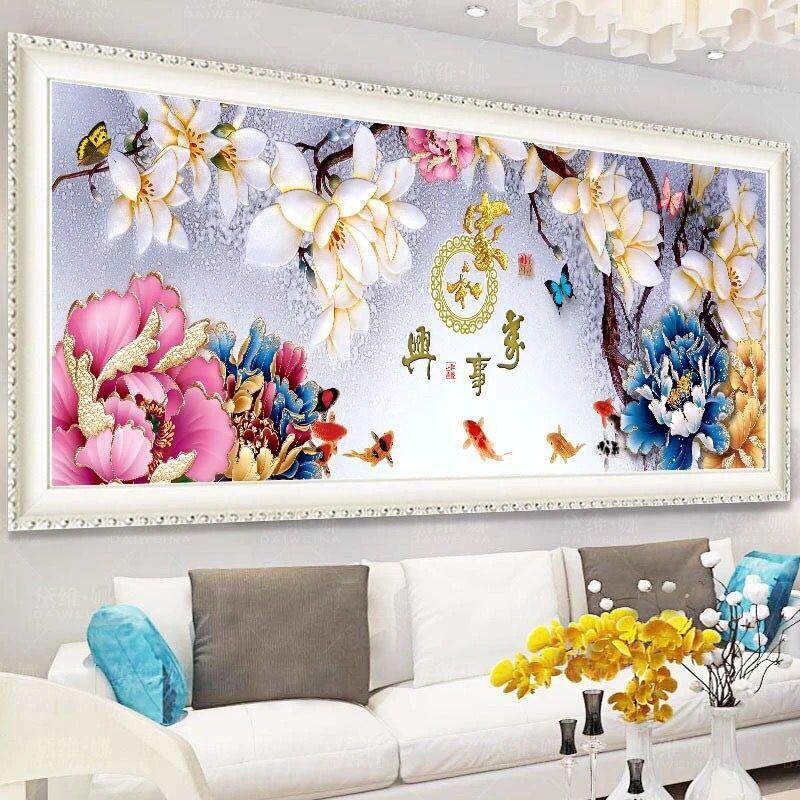 2025新款家和万事兴钻石画5d贴钻十字绣九鱼钻石客厅满钻牡丹玉兰