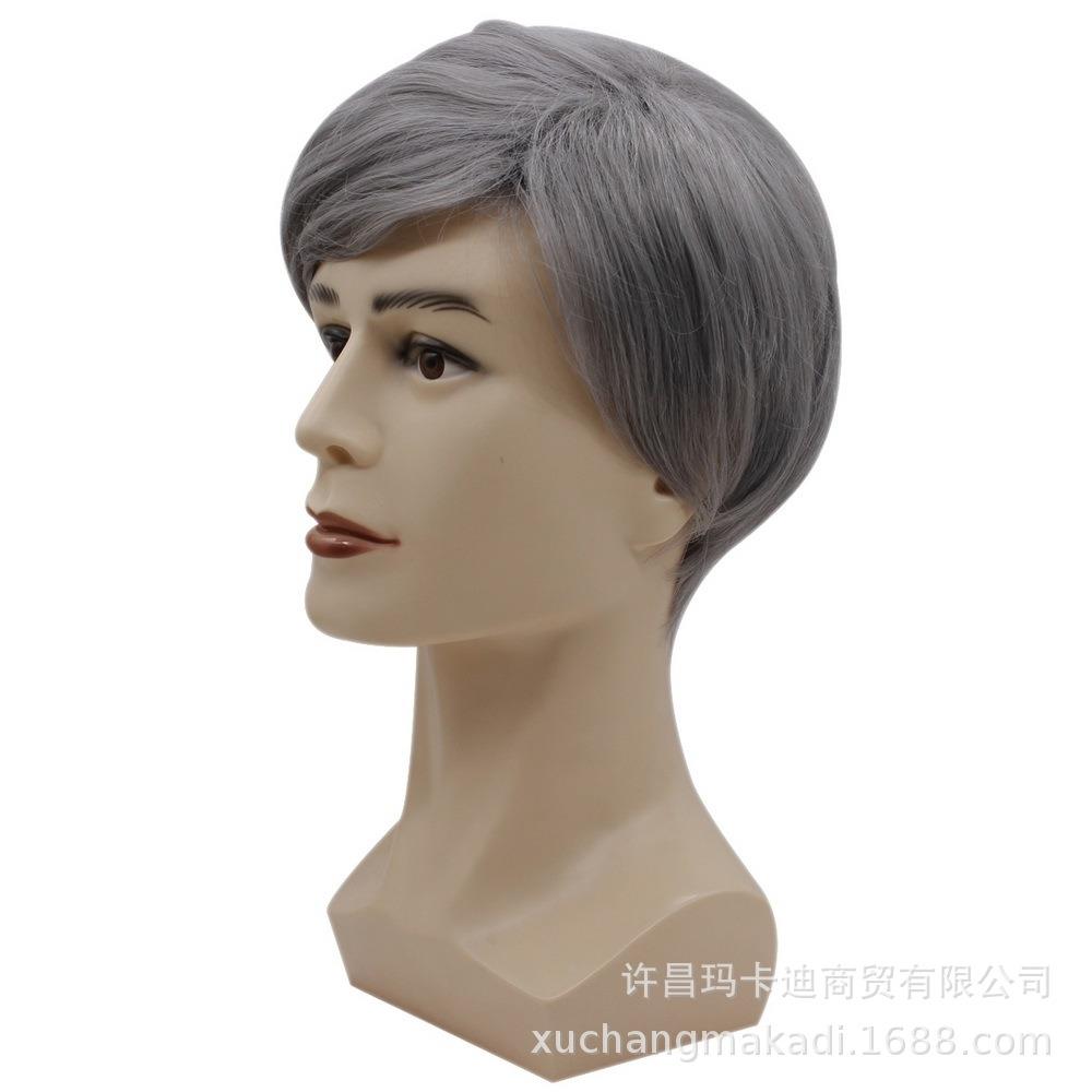 新款直销外贸短假发 时尚男款灰色假发 欧美男士短发斜刘海帅气假