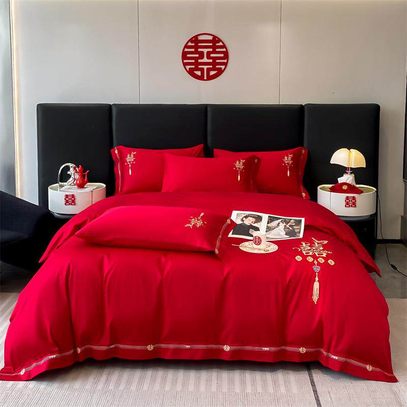 全棉婚庆刺绣四件套长绒棉红色结婚被套纯棉喜被高档床上用品