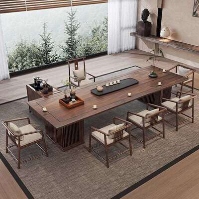 新中式实木桌胡桃木子茶腿桌脚茶台客厅办公禅意柜大板泡茶WMW椅