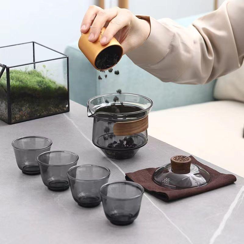 玻璃盖碗耐热隔热泡茶加厚功夫茶具 一壶多杯旅行户外茶具小套装