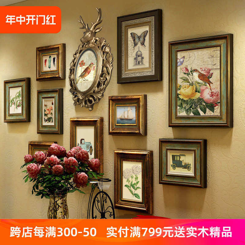 9QXC欧式照片墙实木复古美式相片相框鹿头组合挂墙客厅餐厅背景装