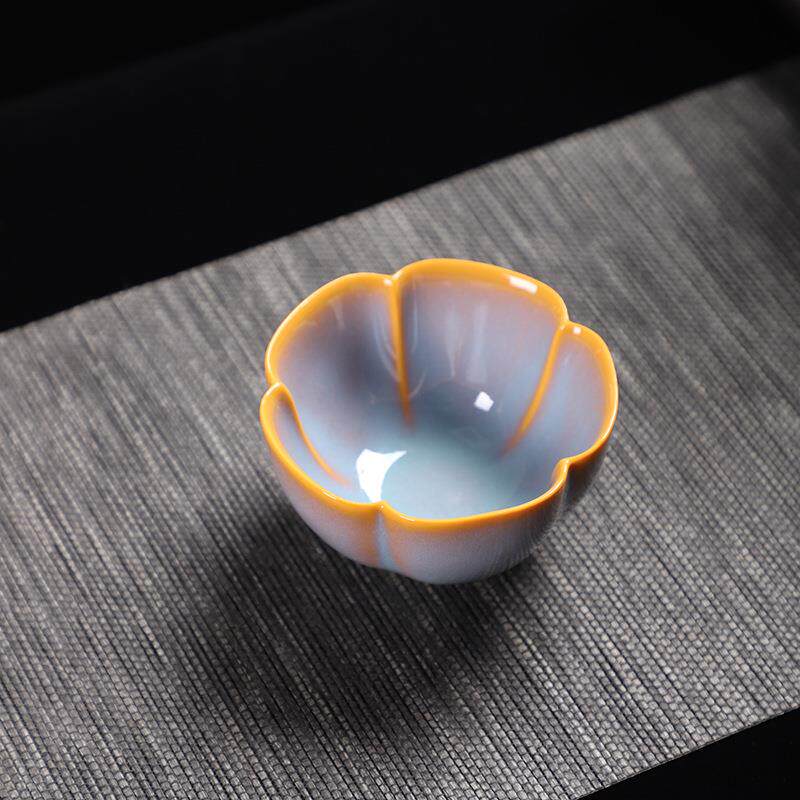 德化陶瓷【单茶杯满100ml亮光】精工汝窑 古韵秋霞 梅花杯 中容量