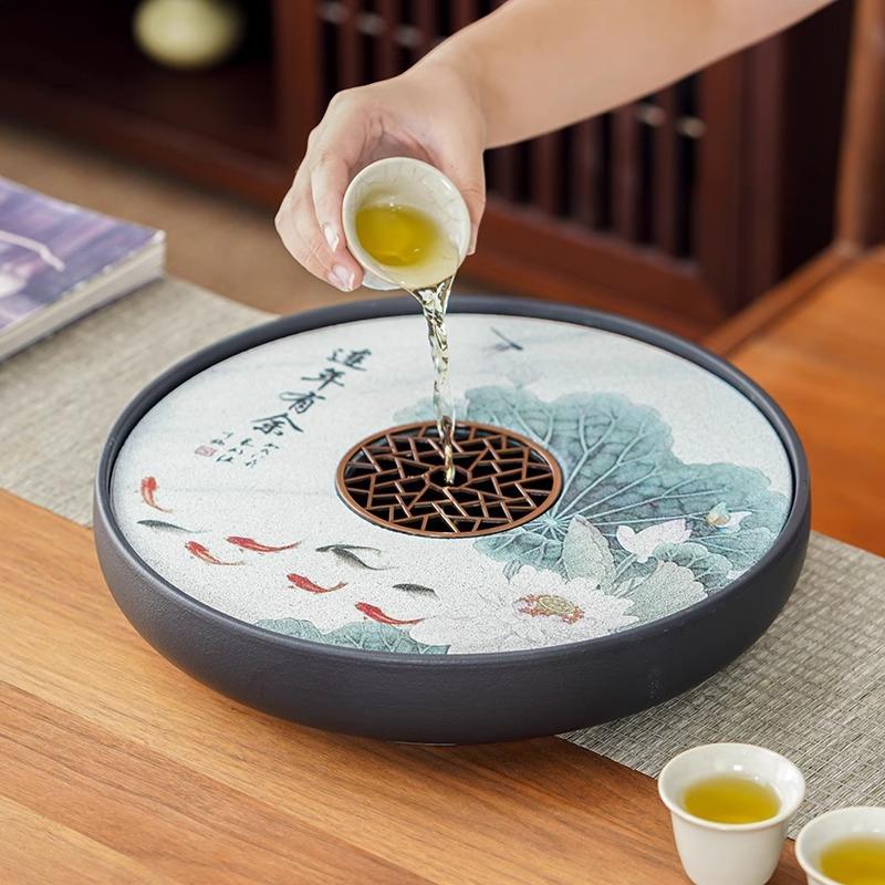 化铝矿石吸水茶陶瓷盘家用泡茶海圆形干泡台蓄水式速茶干氢mz-158