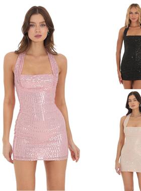 Women's neck hanging sequin dress, short skirt color