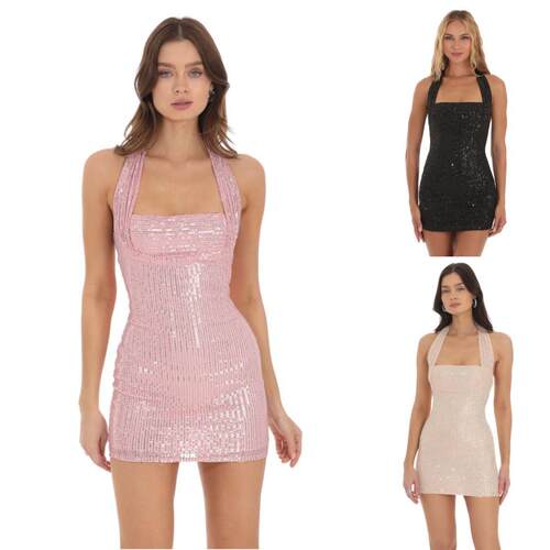 Women's neck hanging sequin dress, short skirt color