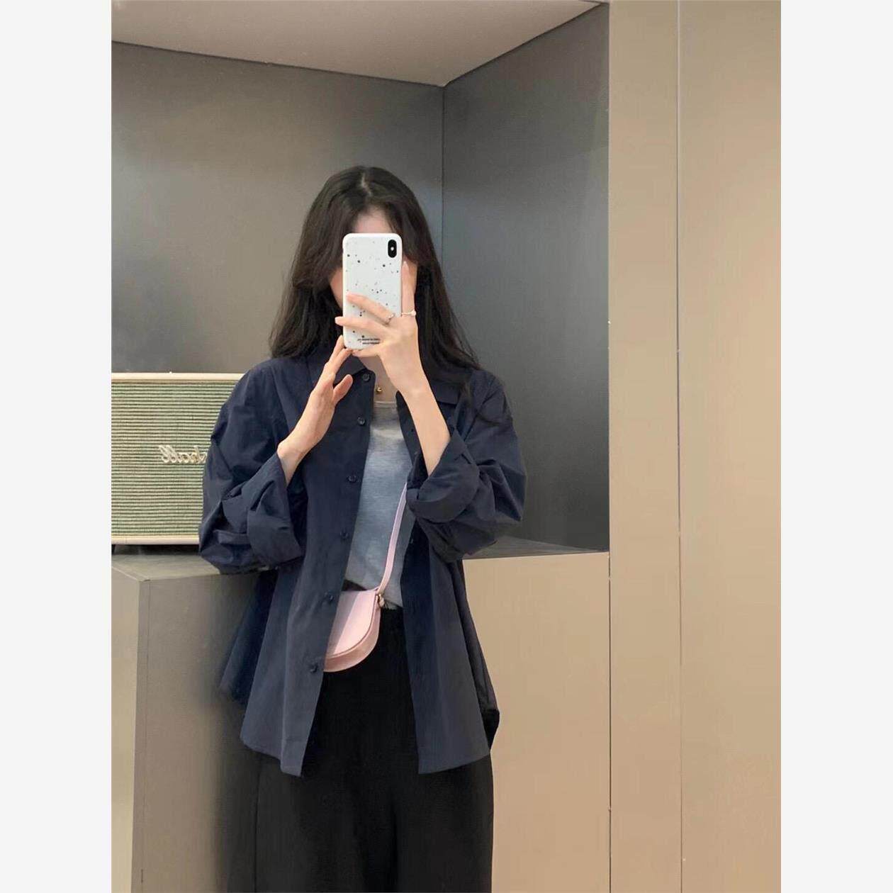 NextMary法式藏蓝色长袖衬衫女春季高级感显瘦衬衣外搭叠穿上衣