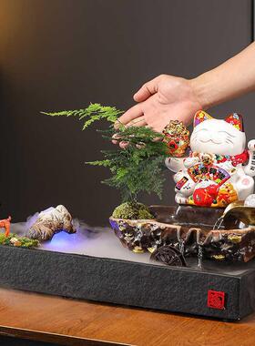 才mIq创意流水装升才循环水发财招猫办公室YOV桌面饰喷泉摆品件开