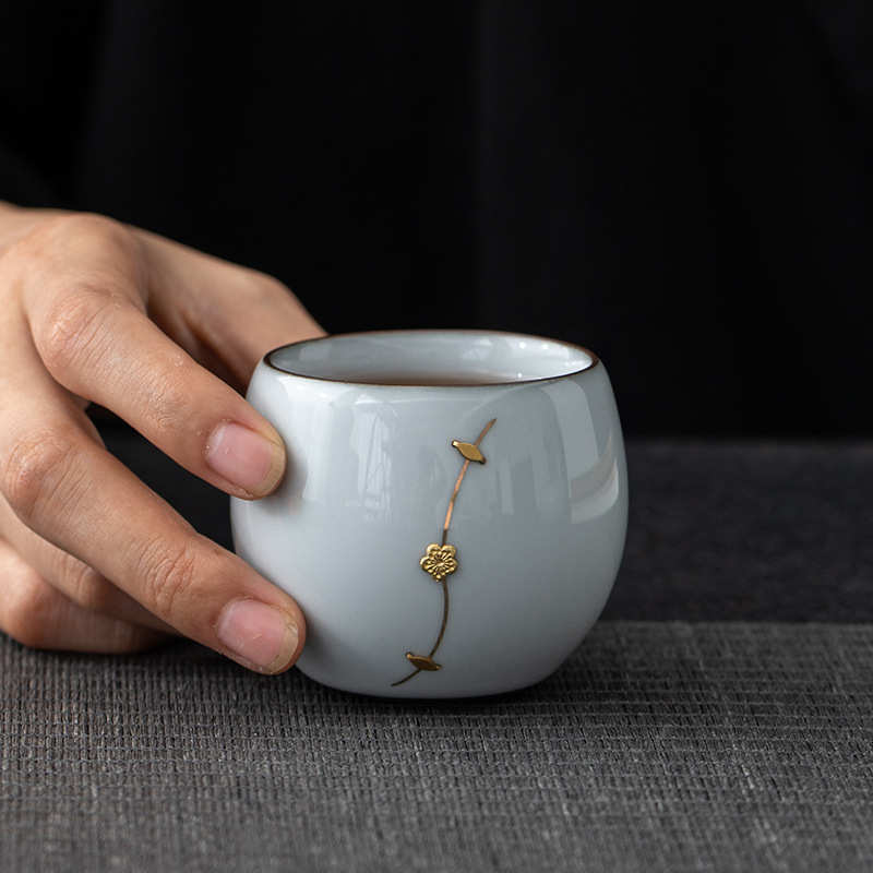 锔钉茶杯汝窑陶瓷主人杯单杯茶具小茶盏品茗杯瓷开片茶碗锔瓷杯