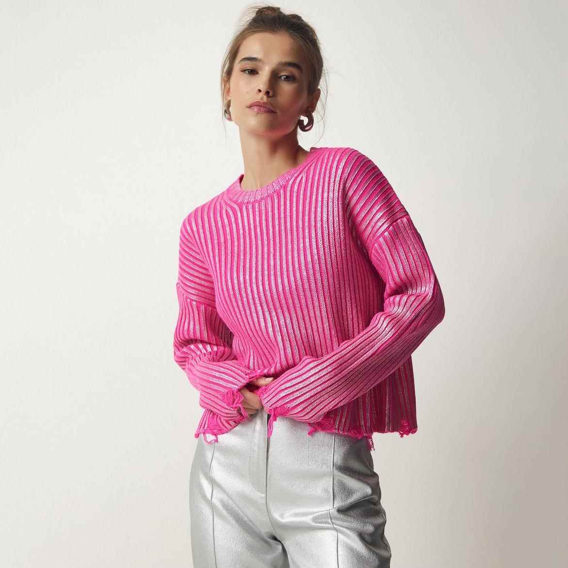 hot solid loose color top silver knitted sleeve womens wear