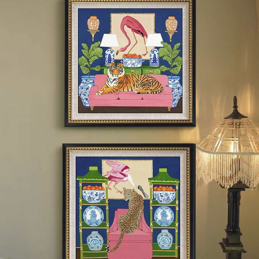 法式中国风青花瓷豹挂画美式复古小众艺术客厅装饰画餐厅玄关壁画图片