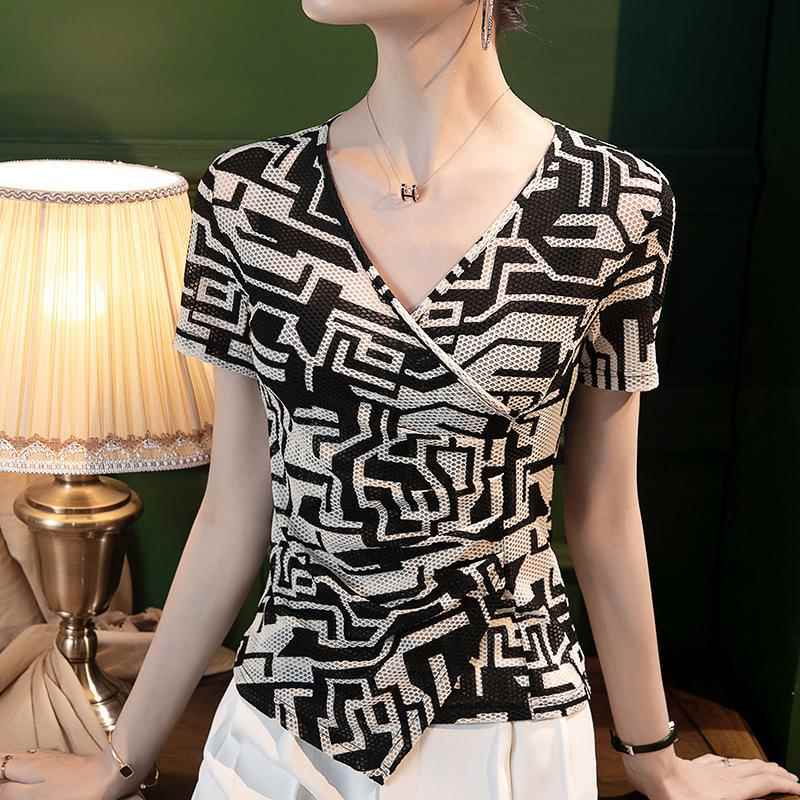 top plaid irregular fit slim short-sleeved women for
