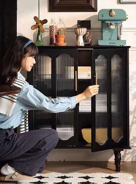 法式复古实木餐边柜小户型客厅家用储物柜子美式中古黑色展示家具