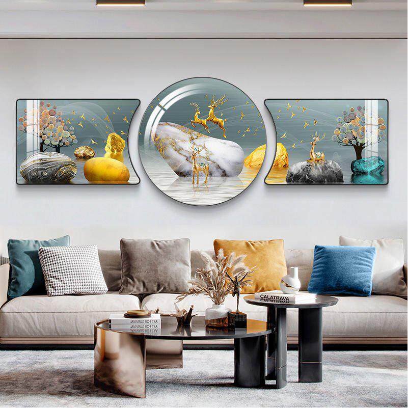 福鹿山水轻奢客厅装饰画高级感大气三联画新款沙发背景墙挂画中式