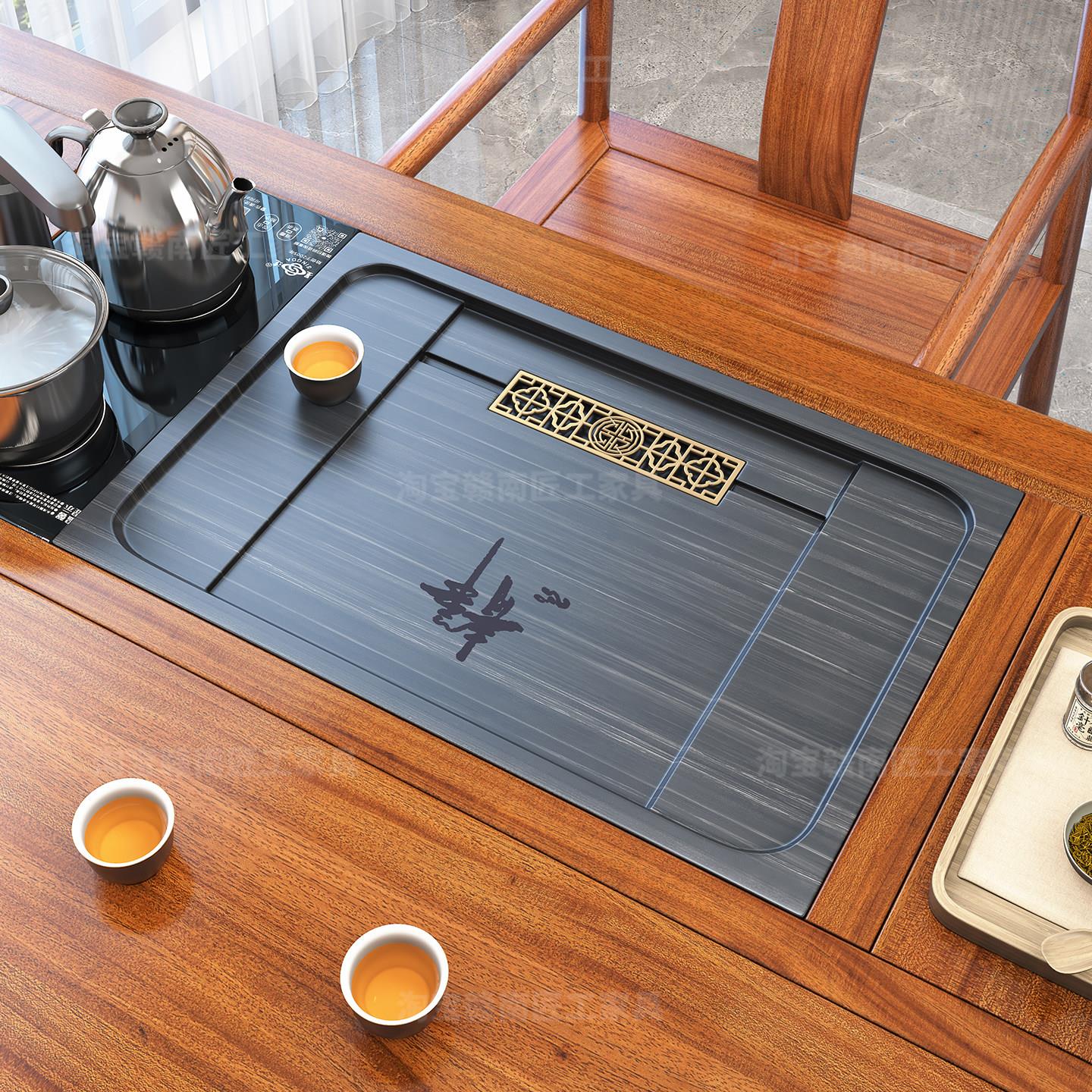 茶台石板嵌入式茶盘面板石头乌金石定制石盘茶桌内嵌大理石漏水盘