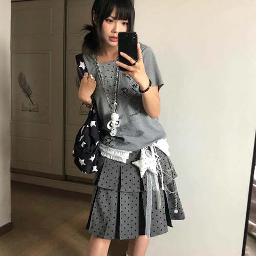 格雷系灰色波点百褶裙子半身裙女春季新款A字中裙百搭显瘦蓬蓬裙