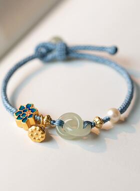 环环相扣平安扣手链女小众设计手工编织莲蓬珍珠手绳手串闺蜜礼物