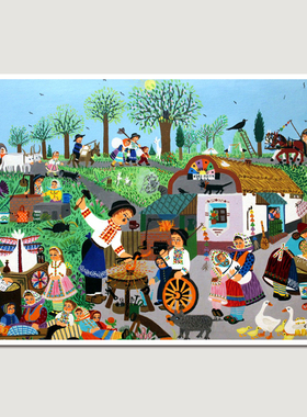 塞尔维亚稚拙艺术画Zuzana Chalupova《集市一瞥》艺术衍生品挂画