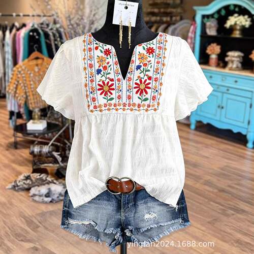Women's Plus Size Embroidered Floral Blouse V Neck Short