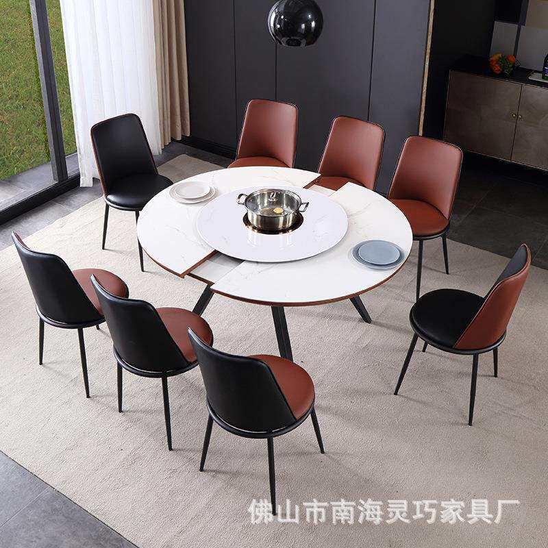 康乃美T205可伸缩带转盘椭圆形1米7亮光岩板餐桌变1米3家用圆饭桌