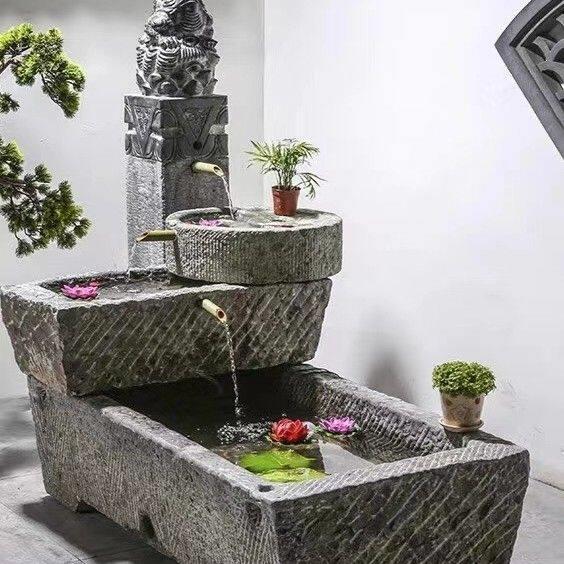 老石槽鱼缸石磨水景组合旧石头花盆养鱼水槽石盆庭院阳台流水摆件