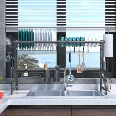 黑色不锈钢厨房置物架电商优选热销60~96cm伸缩水槽沥水架