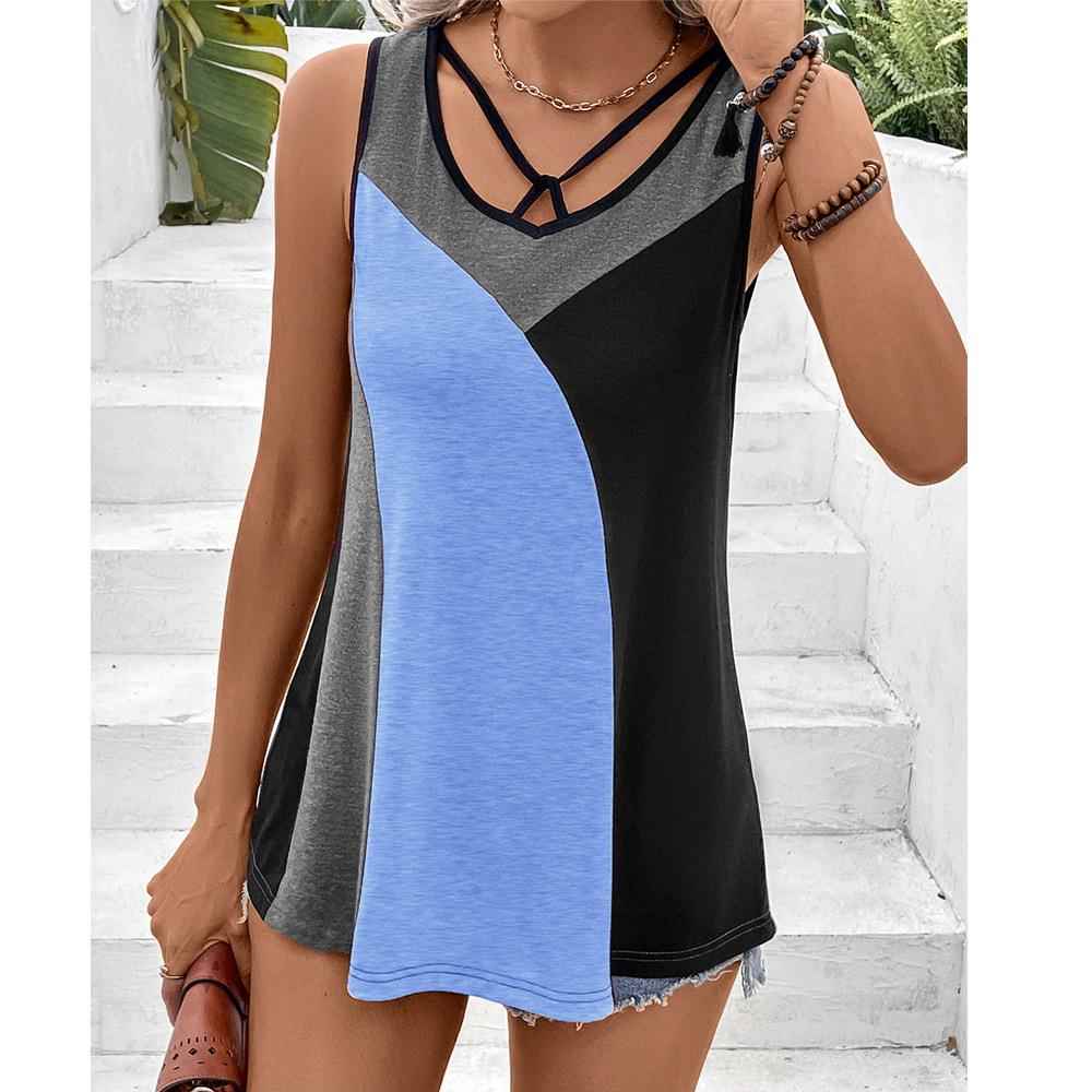 women for top T-shirt block color vest sexy stitching color