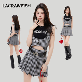 lacrawfish韩系学院风，辣妹镂空格子显瘦可拆卸背带两穿连衣裙女