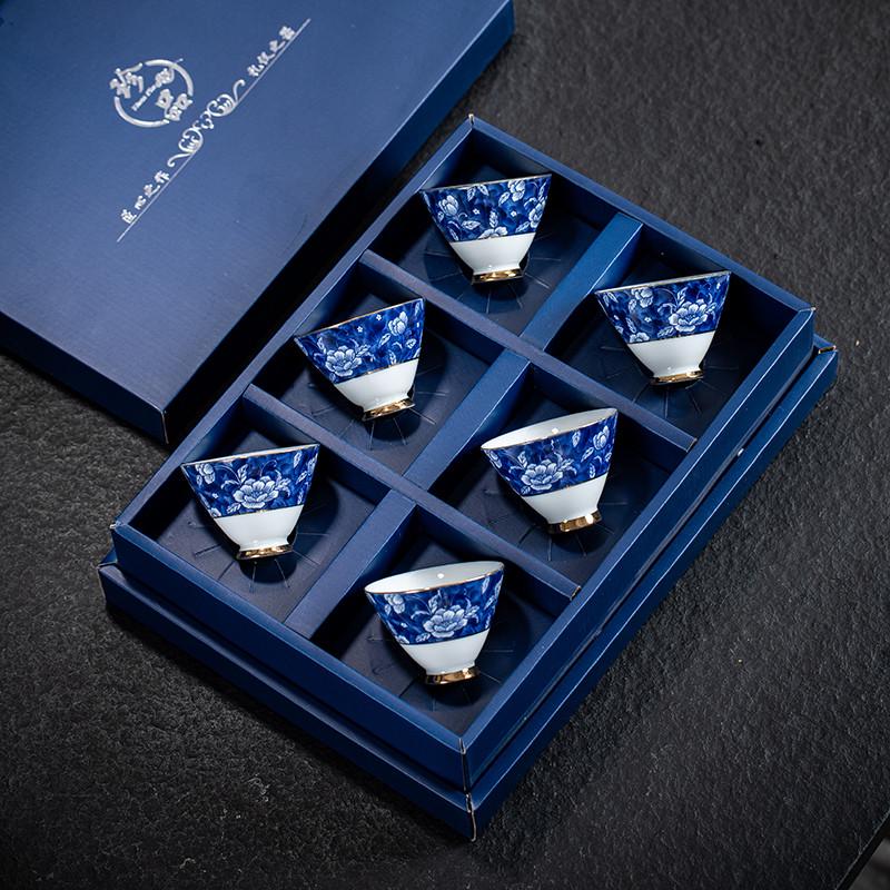 青花瓷品茗杯复古功夫茶具茶杯6个套装仿古陶瓷斗笠杯小杯子单杯