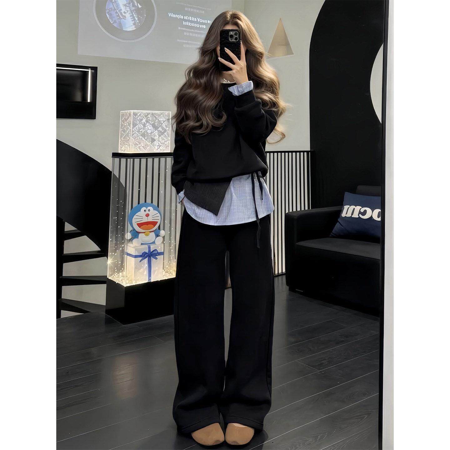 韩系设计感休闲运动服套装女春秋松弛感拼接假两件卫衣长裤两件套