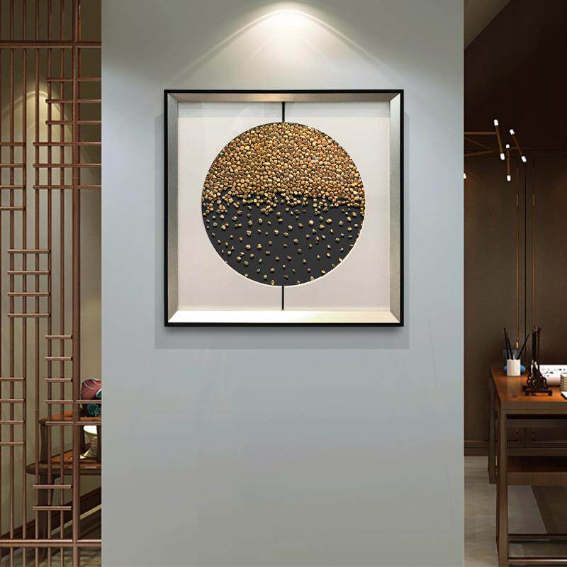 北欧风格客厅沙发背景装饰画三联新中式饭餐厅石子立体装置实物画