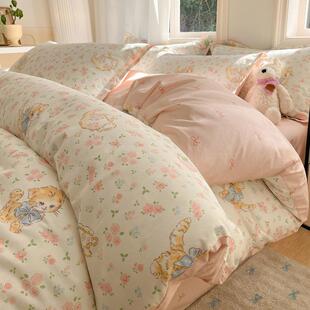 女生可爱纯棉小清新床上四件套100全棉床单被套宿舍三件套床笠款