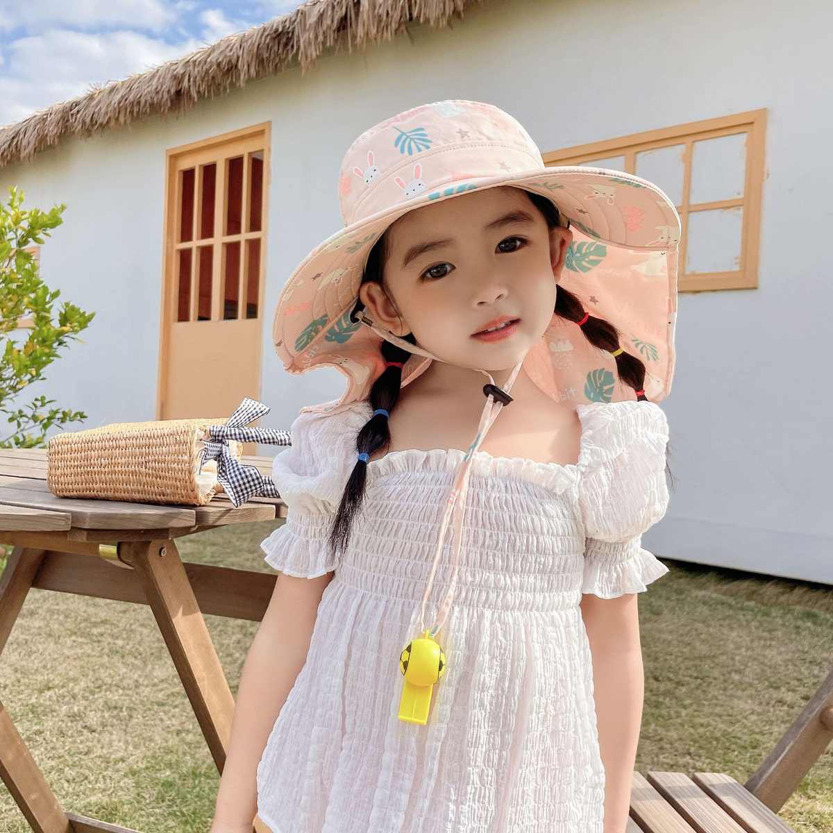 儿童防晒披肩帽子宝宝遮阳帽女童渔夫帽男童太阳帽沙滩帽大帽檐
