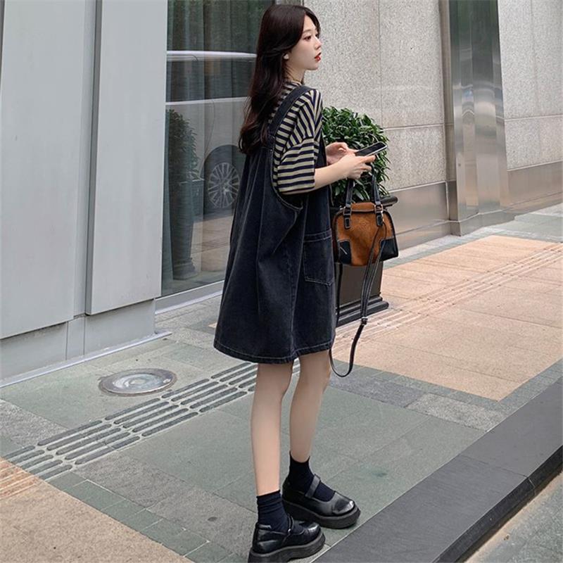 特大码胖mm300斤条纹牛仔背带裙套装女夏美式复古宽松遮肉连衣裙