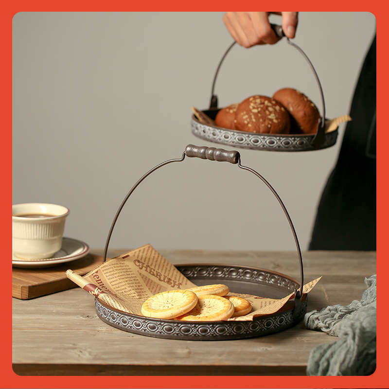 复古托盘做旧铁艺盘子面包盘果盘圆形带把手托盘拍摄道具美食装饰
