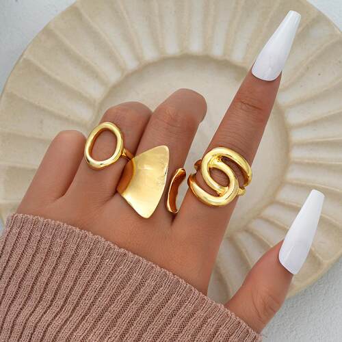 3-piece ring set欧美跨境新款金色光面不规则镂空合金戒指3件套