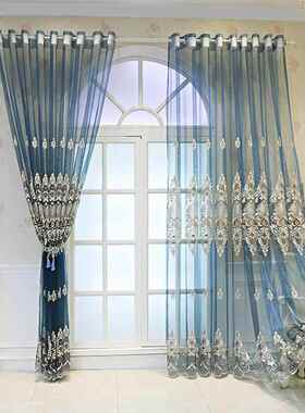 成品现货季客餐厅GEP阳四台落地欧窗式刺厅绣遮阳窗纱纱帘蓝色