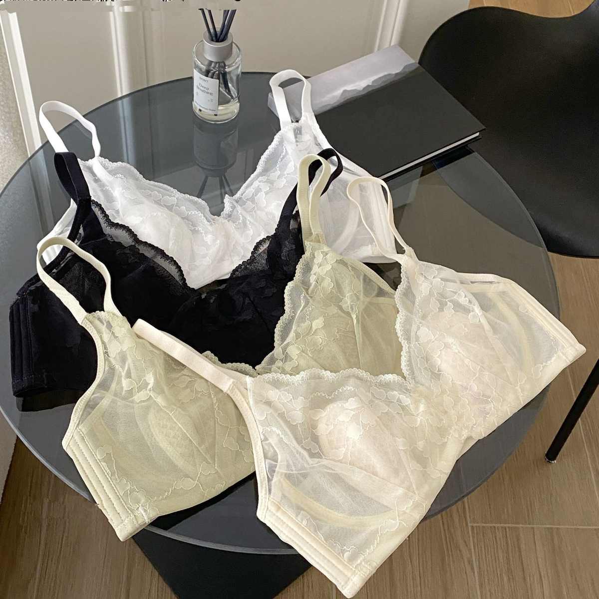 法式超轻薄兔耳杯记忆软圈大胸显小内衣蕾丝网纱大码文胸舒适bra