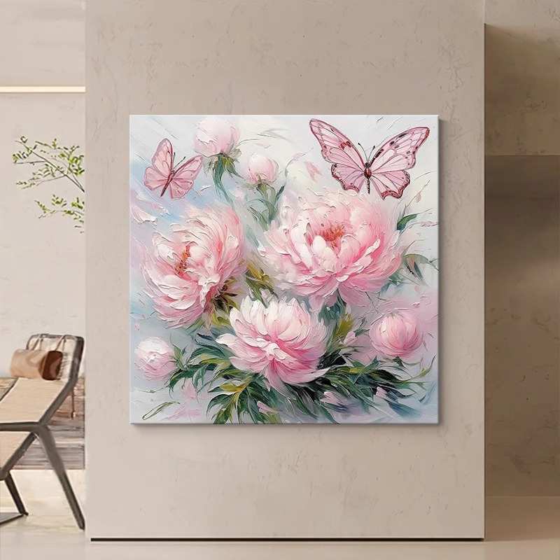 招花引蝶牡丹花卉奶油油画风客餐厅主卧室装饰画花开富贵玄关挂画