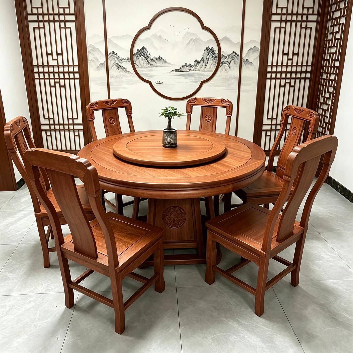 新中式金花梨木全实木餐桌圆形彷古简约饭桌带转盘家用红木饭桌